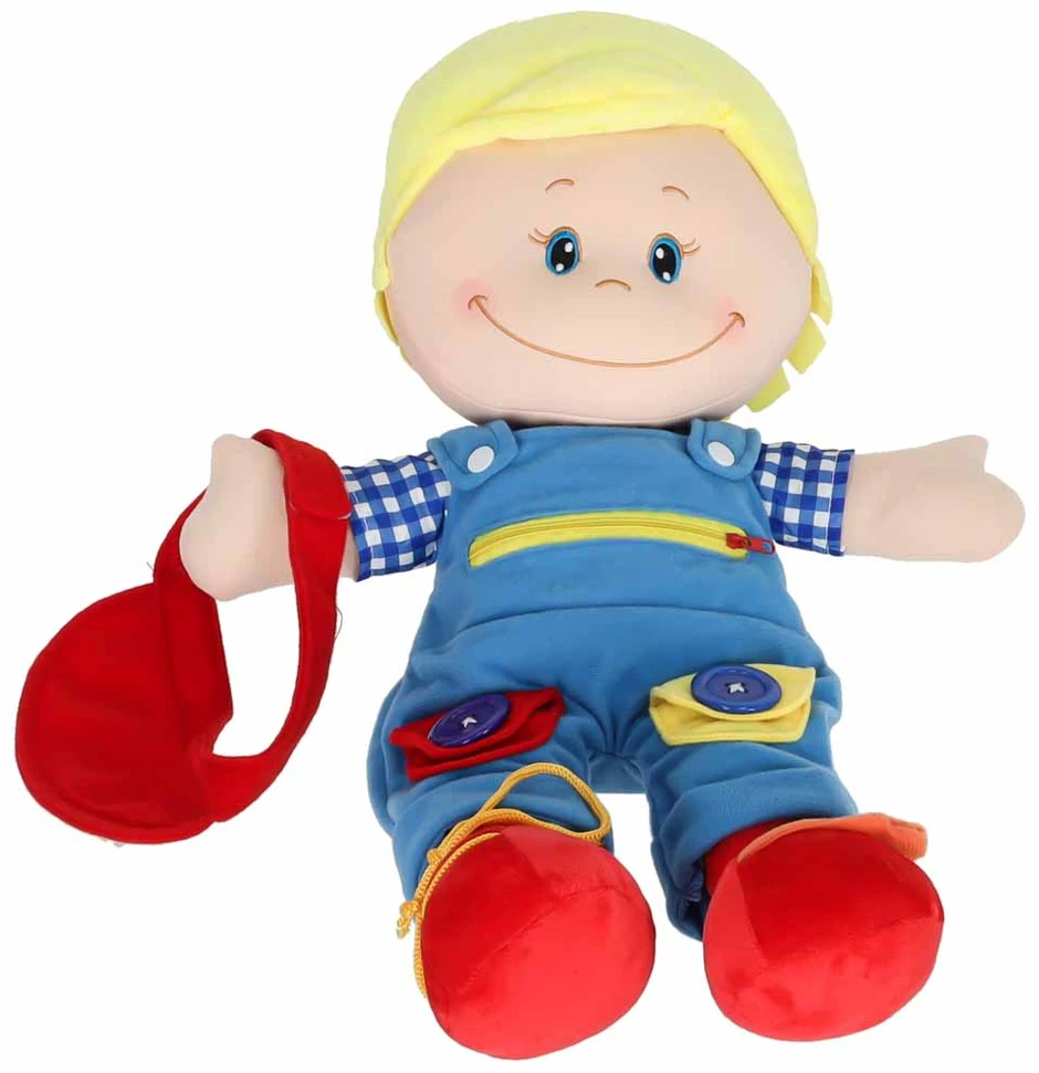 Minkšta sensorinė lėlė, mokymuisi rengtis, 48 cm