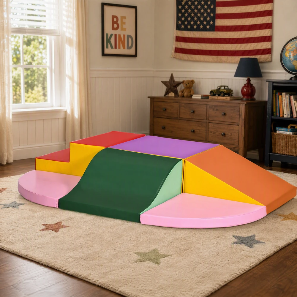 Minkštų putplasčio blokų rinkinys modulinis, rožinis–oranžinis–raudonas–violetinis, 150 × 100 × 24 cm, 6 vnt.