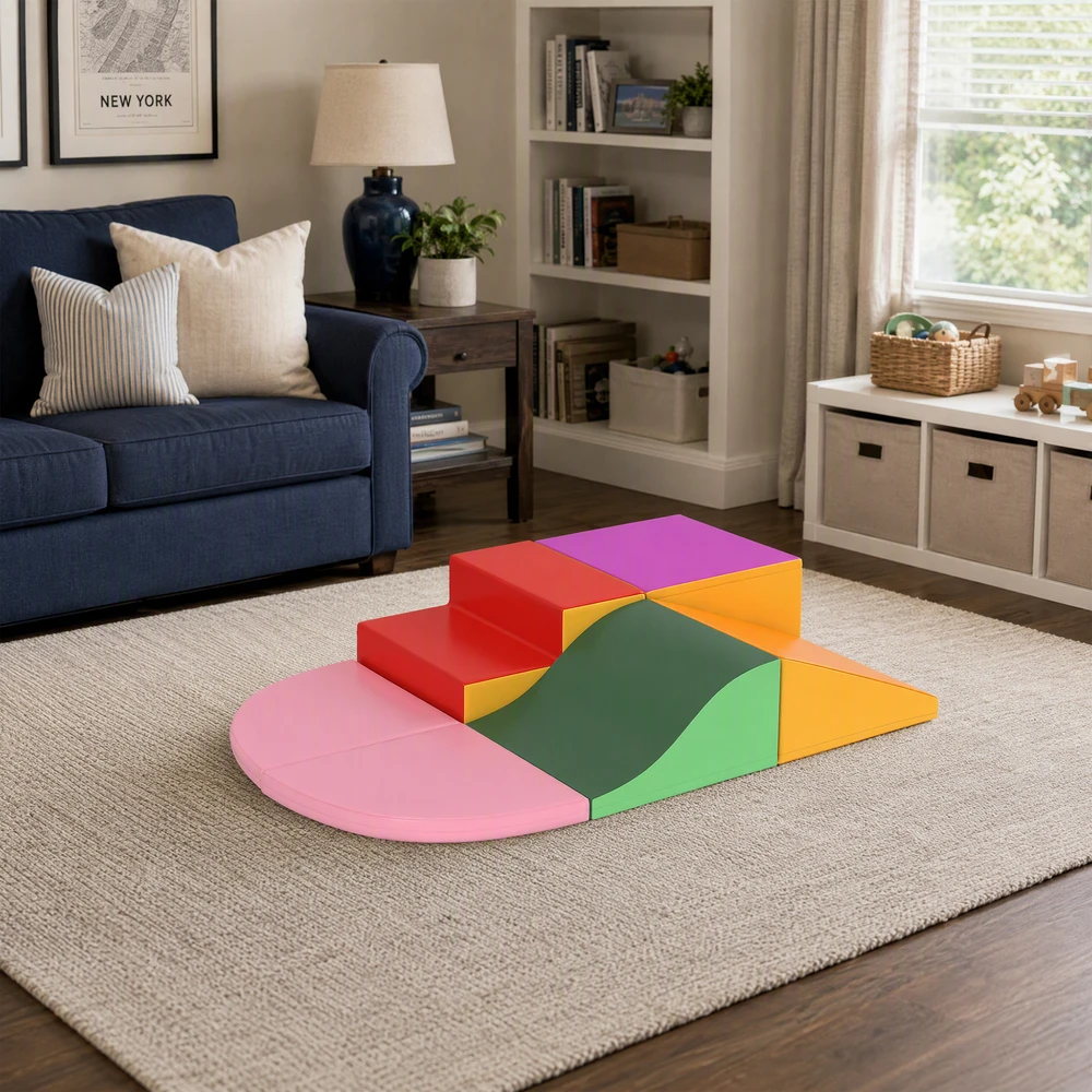 Minkštų putplasčio blokų rinkinys modulinis, rožinis–oranžinis–raudonas–violetinis, 150 × 100 × 24 cm, 6 vnt.
