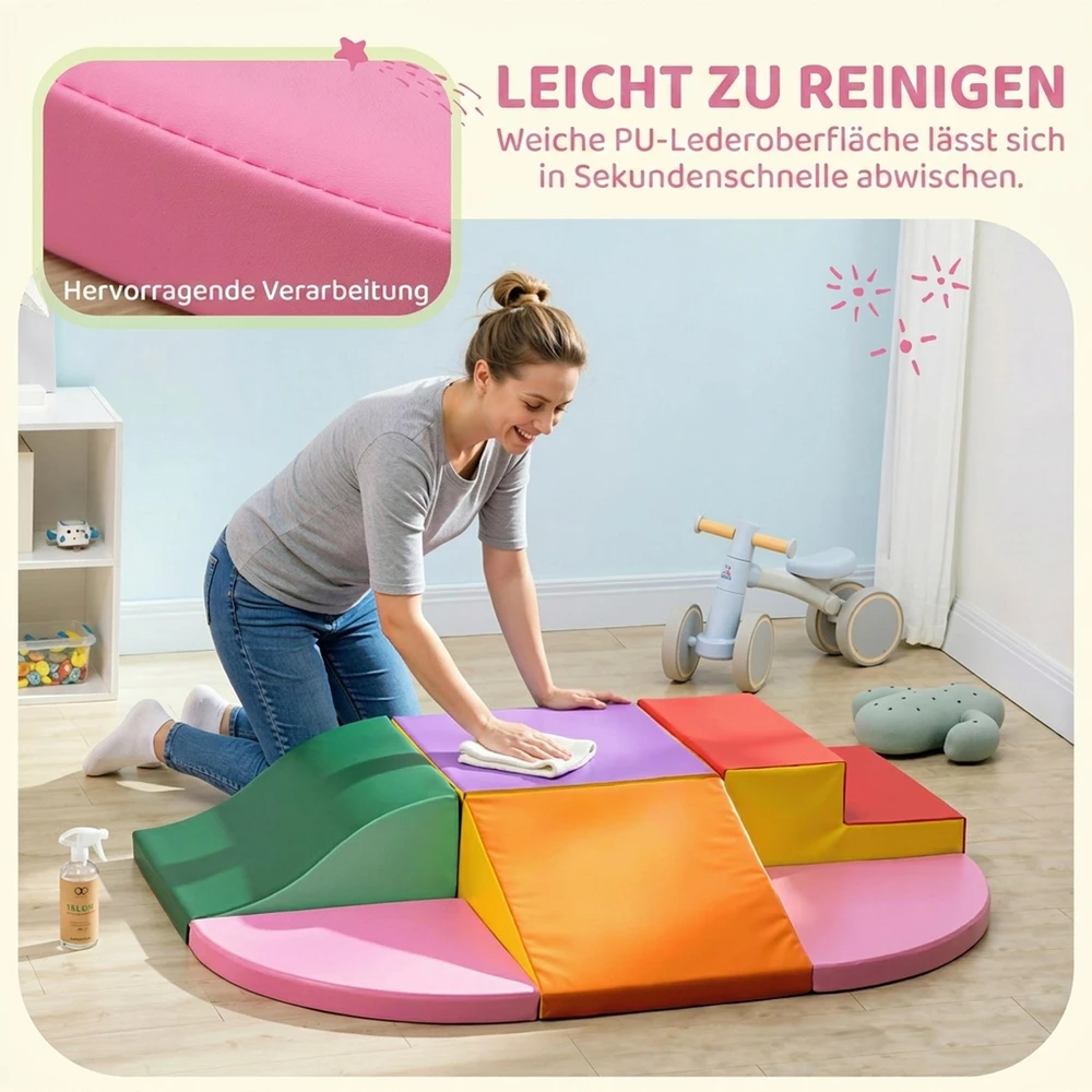Minkštų putplasčio blokų rinkinys modulinis, rožinis–oranžinis–raudonas–violetinis, 150 × 100 × 24 cm, 6 vnt.
