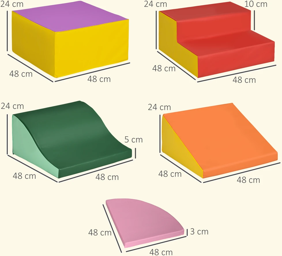 Minkštų putplasčio blokų rinkinys modulinis, rožinis–oranžinis–raudonas–violetinis, 150 × 100 × 24 cm, 6 vnt.