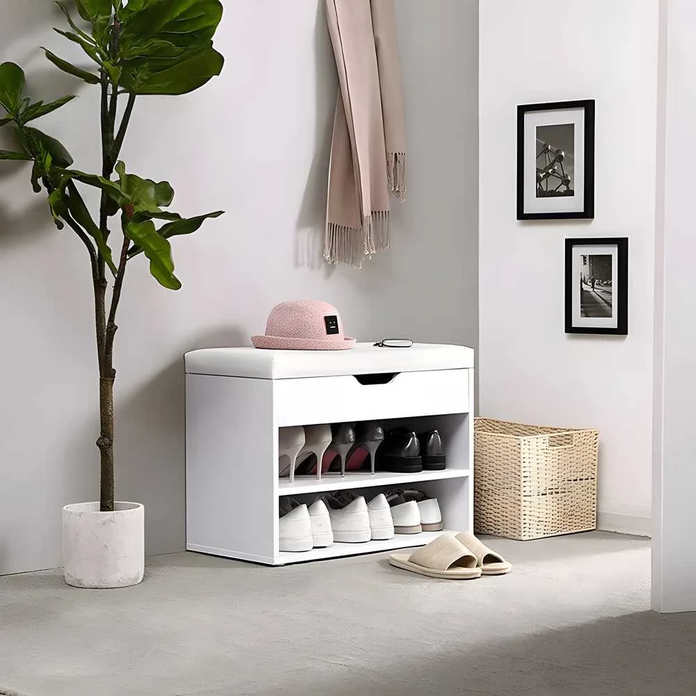 „ModernHome“ batų spintelė su atidaroma sėdyne, 2 lentynos, balta ModernHome