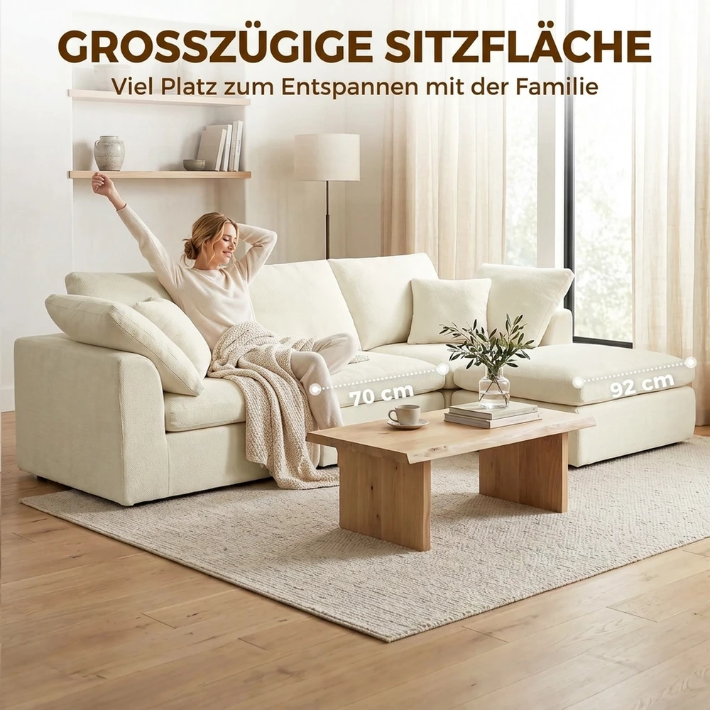 Modulinė kampinė sofa su perstatomu pufu, kreminė balta, 254 × 163 × 79 cm