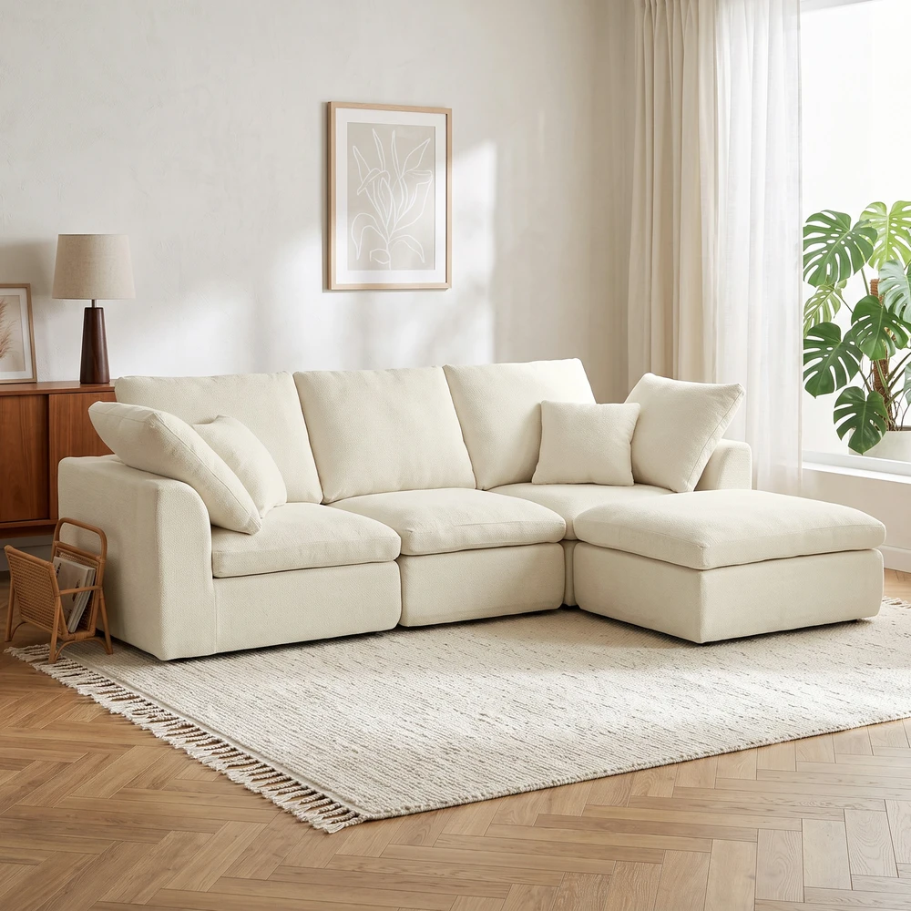 Modulinė kampinė sofa su perstatomu pufu, kreminė balta, 254 × 163 × 79 cm