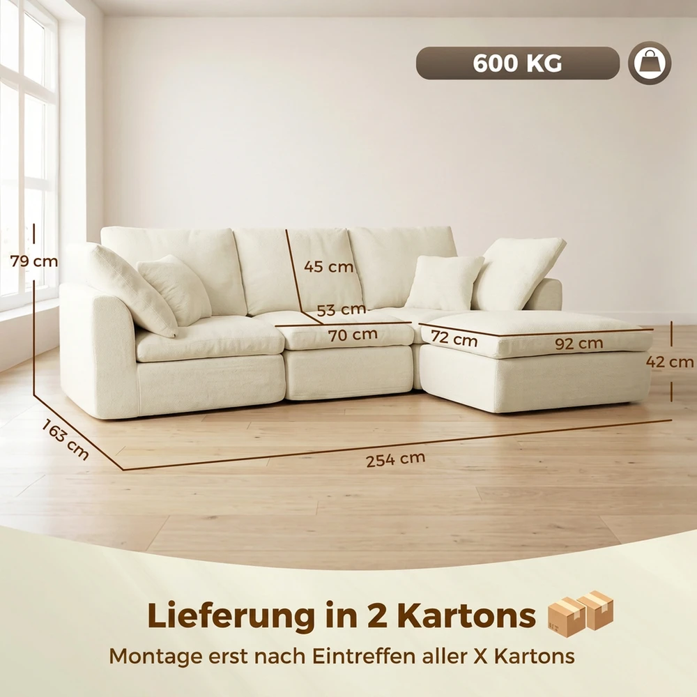 Modulinė kampinė sofa su perstatomu pufu, kreminė balta, 254 × 163 × 79 cm