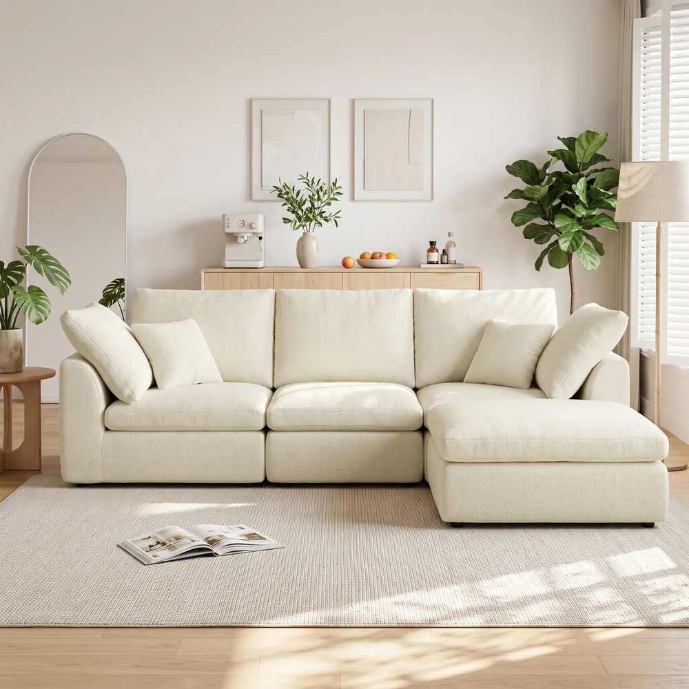 Modulinė kampinė sofa su perstatomu pufu, kreminė balta, 254 × 163 × 79 cm