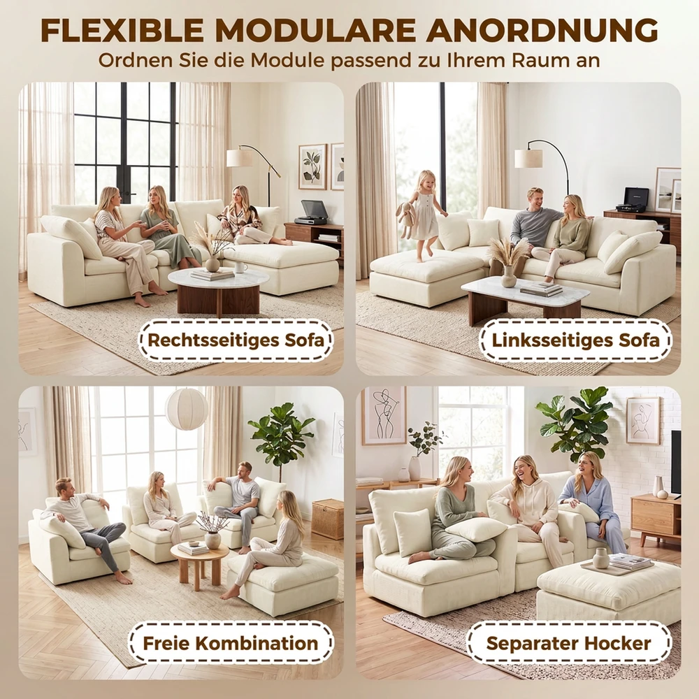 Modulinė kampinė sofa su perstatomu pufu, kreminė balta, 254 × 163 × 79 cm