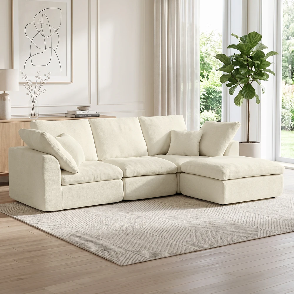 Modulinė kampinė sofa su perstatomu pufu, kreminė balta, 254 × 163 × 79 cm