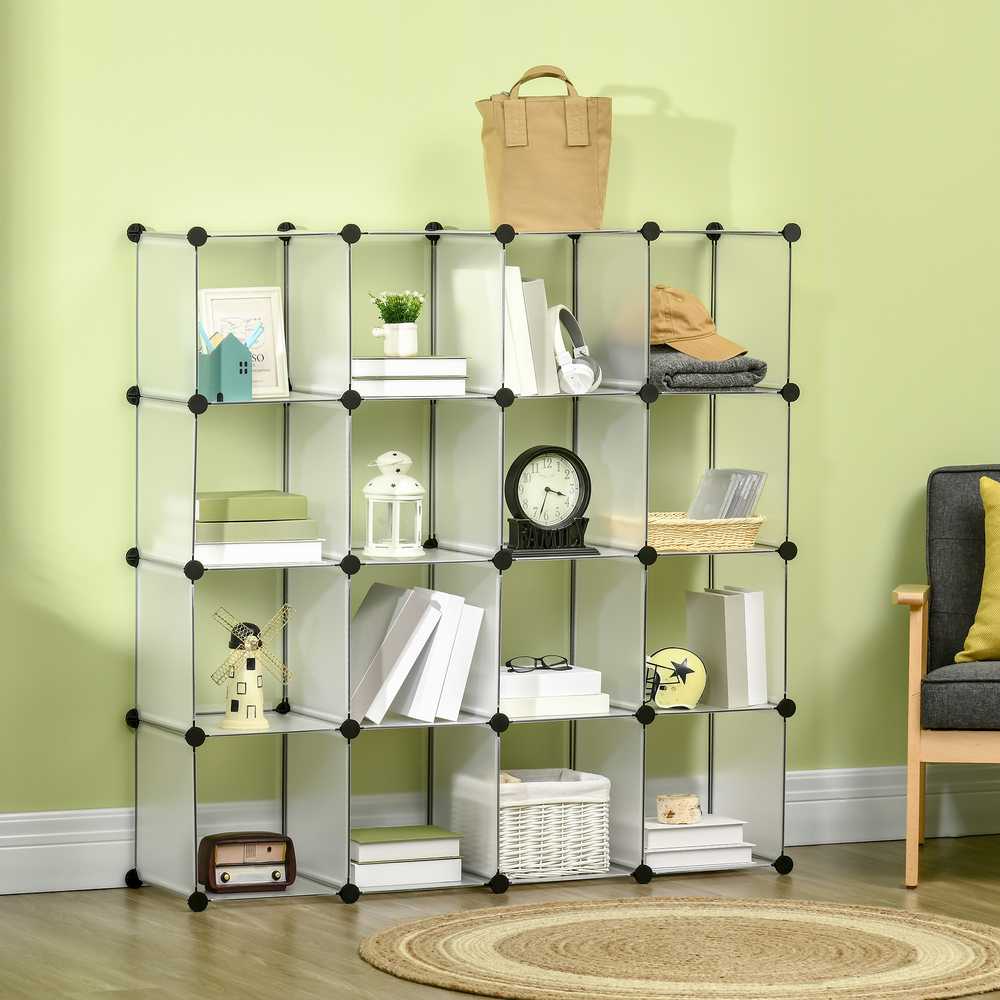 HOMCOM DIY kubų lentynų sistema su 16 kubų, daiktadėžė, plastikinė spintelė, balta, 125x32x125 cm