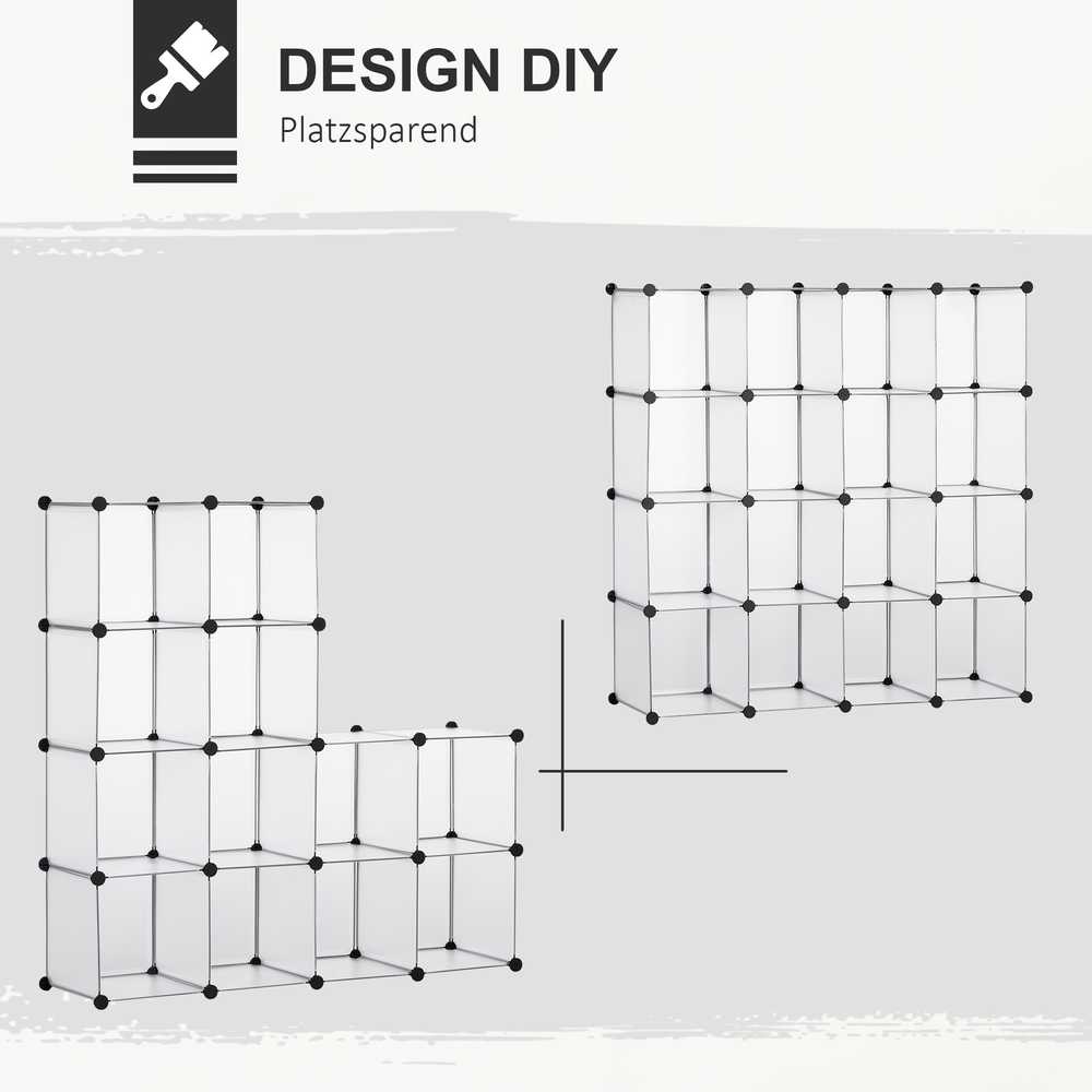 HOMCOM DIY kubų lentynų sistema su 16 kubų, daiktadėžė, plastikinė spintelė, balta, 125x32x125 cm