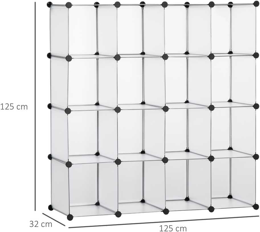 HOMCOM DIY kubų lentynų sistema su 16 kubų, daiktadėžė, plastikinė spintelė, balta, 125x32x125 cm