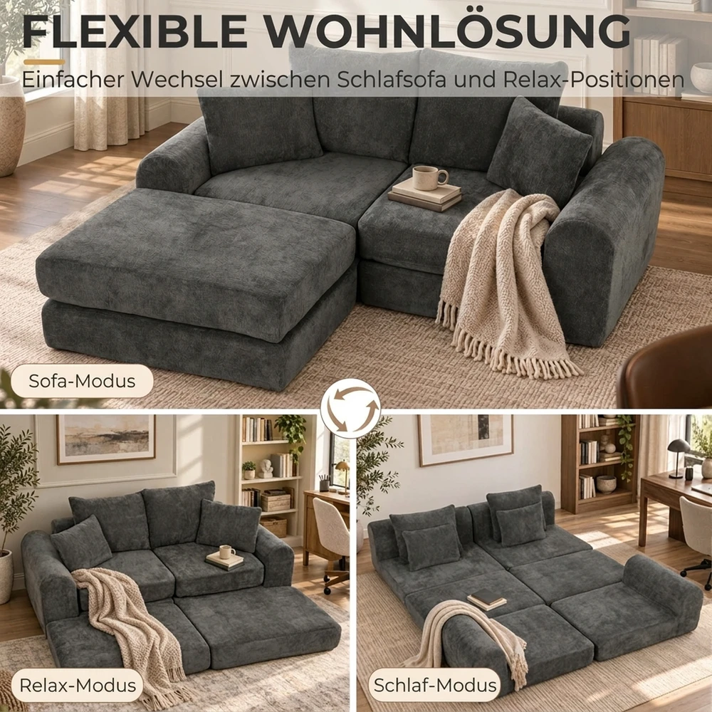 Modulinė sofa-lova su šeniliniu apmušalu, tamsiai pilka, 204 × 179 × 65 cm
