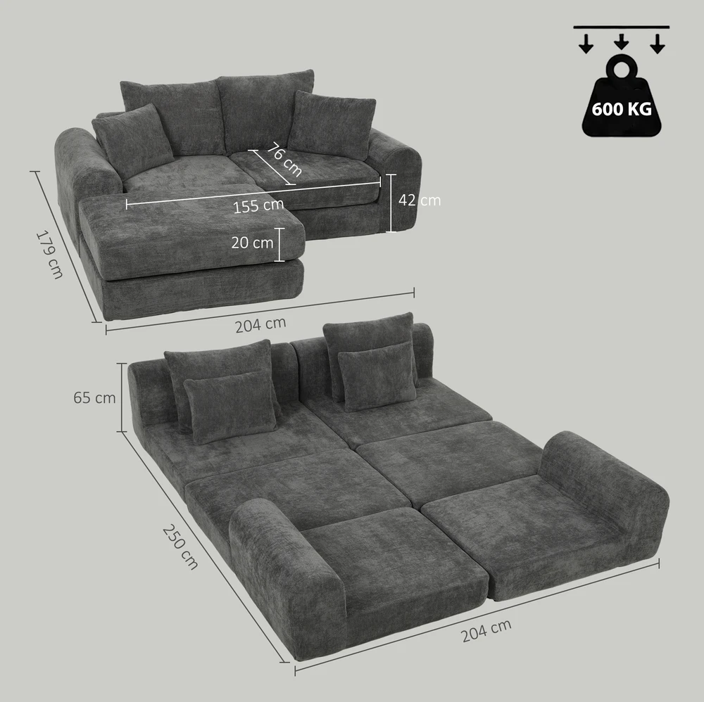 Modulinė sofa-lova su šeniliniu apmušalu, tamsiai pilka, 204 × 179 × 65 cm
