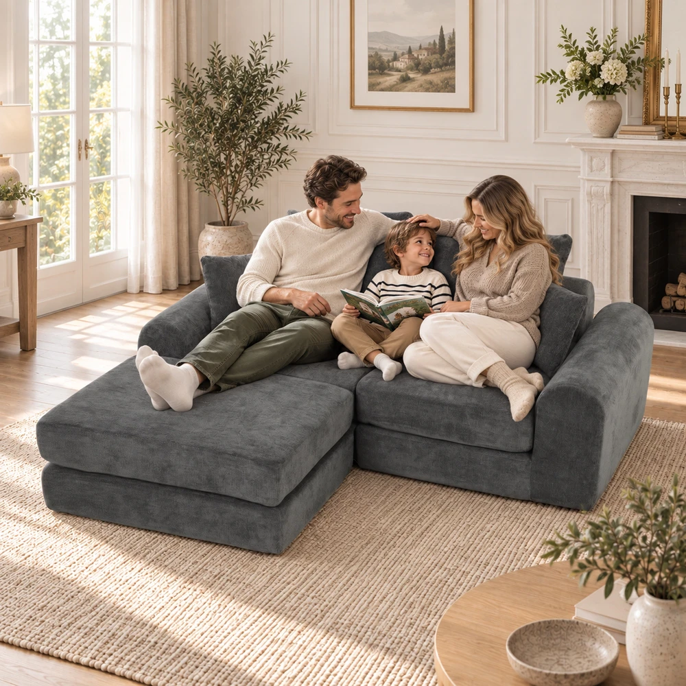 Modulinė sofa-lova su šeniliniu apmušalu, tamsiai pilka, 204 × 179 × 65 cm