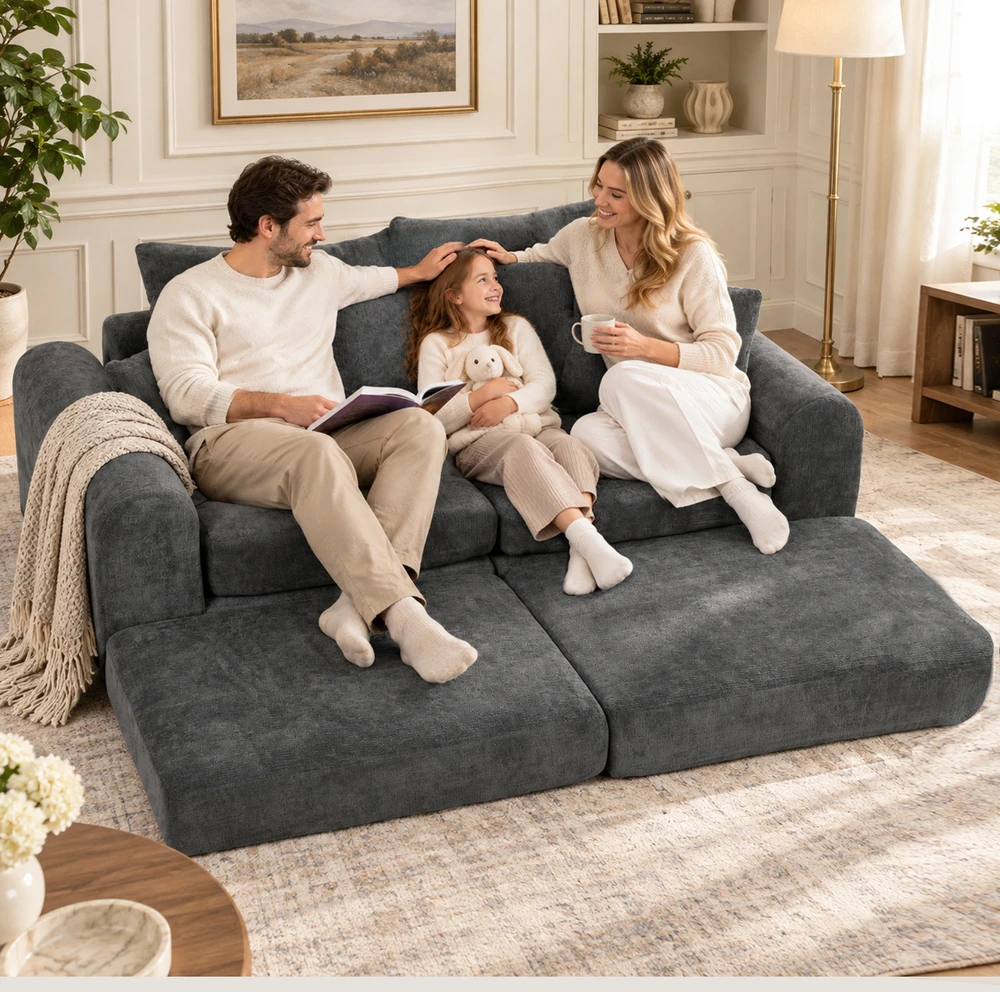 Modulinė sofa-lova su šeniliniu apmušalu, tamsiai pilka, 204 × 179 × 65 cm