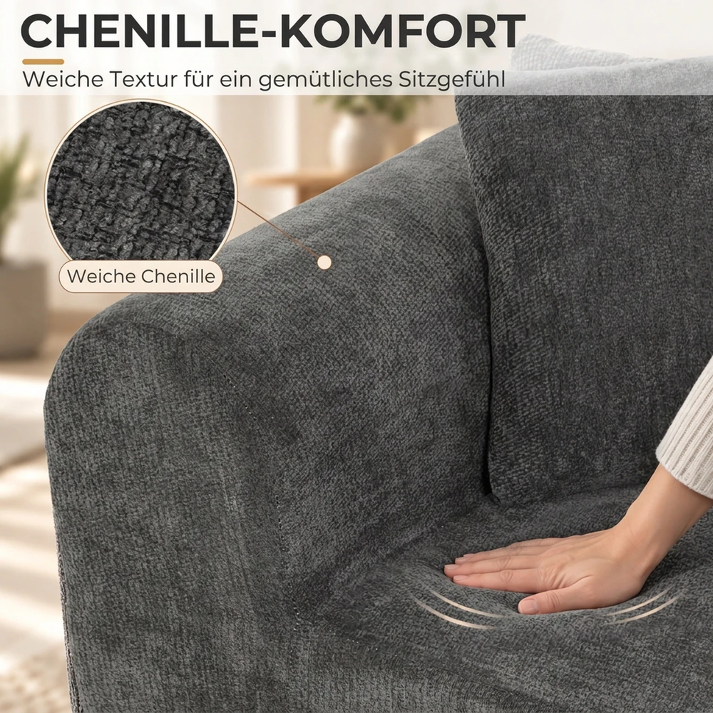 Modulinė sofa-lova su šeniliniu apmušalu, tamsiai pilka, 204 × 179 × 65 cm