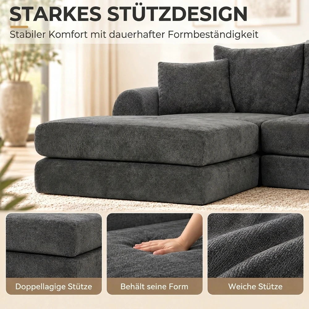 Modulinė sofa-lova su šeniliniu apmušalu, tamsiai pilka, 204 × 179 × 65 cm