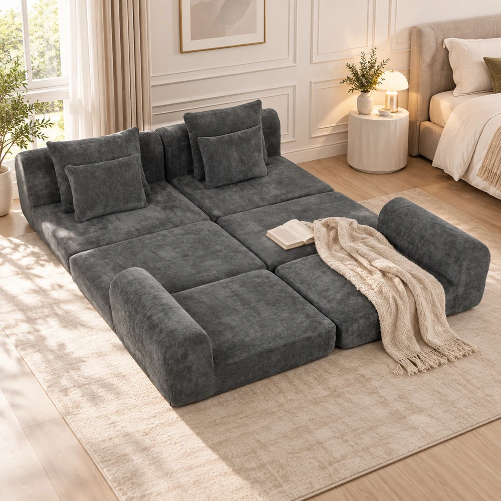 Modulinė sofa-lova su šeniliniu apmušalu, tamsiai pilka, 204 × 179 × 65 cm