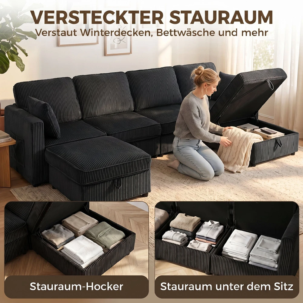 Modulinė sofa su daiktadėžėmis ir 2 pufais, tamsiai pilka ir juoda, 306 x 153 x 85 cm