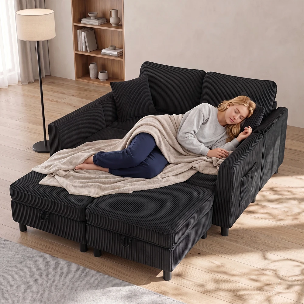 Modulinė sofa su daiktadėžėmis ir 2 pufais, tamsiai pilka ir juoda, 306 x 153 x 85 cm