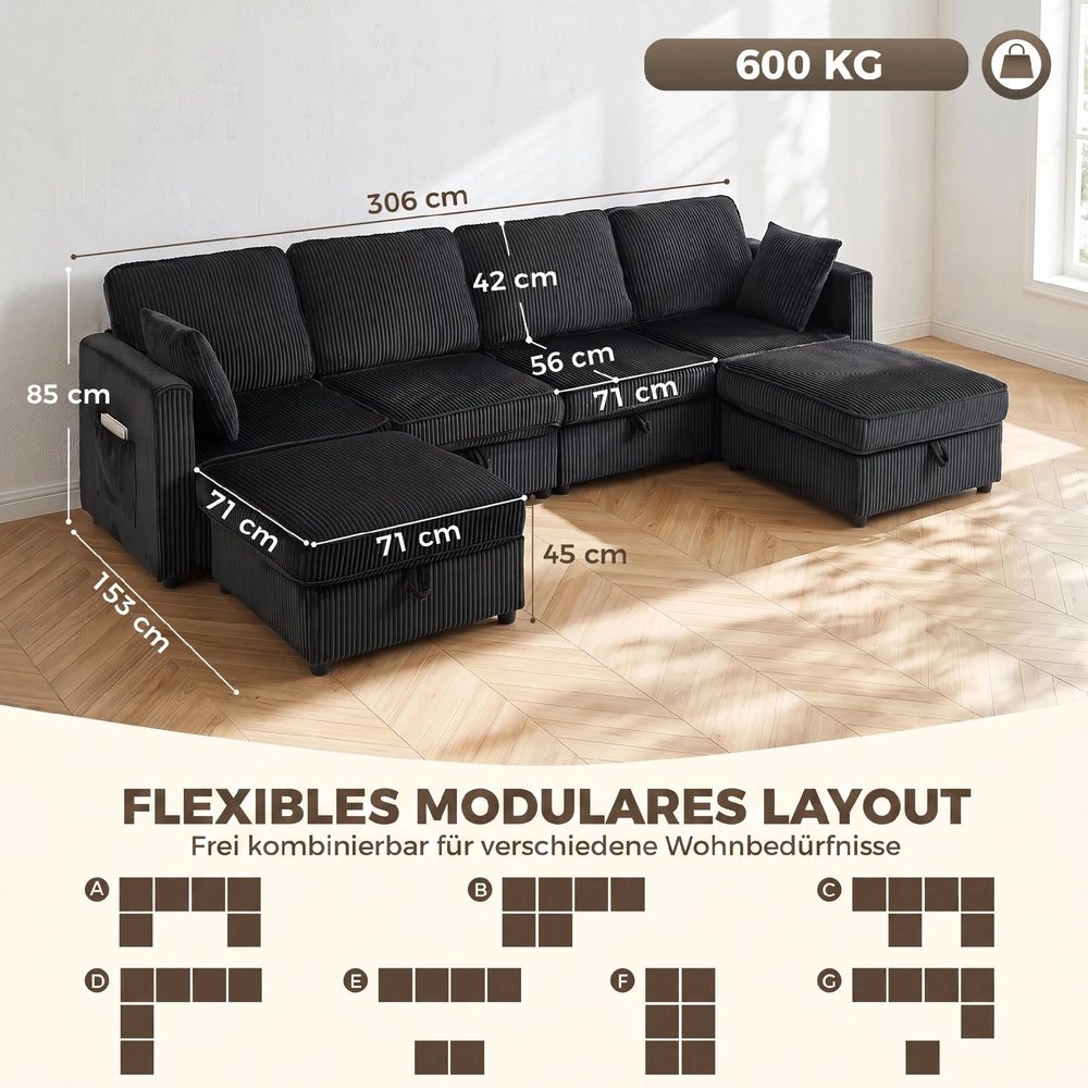 Modulinė sofa su daiktadėžėmis ir 2 pufais, tamsiai pilka ir juoda, 306 x 153 x 85 cm