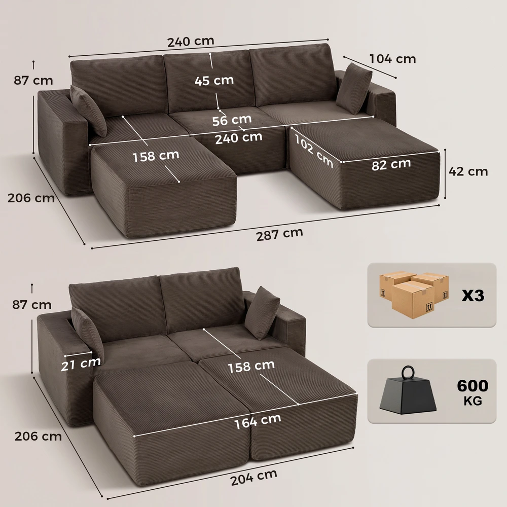 Modulinė U formos sofa be rėmo 287 × 186 × 87 cm
