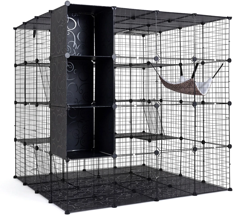 Modulinis gyvūnų narvas su 3 laikymo kubais, juodas, 144 × 144 × 142 cm
