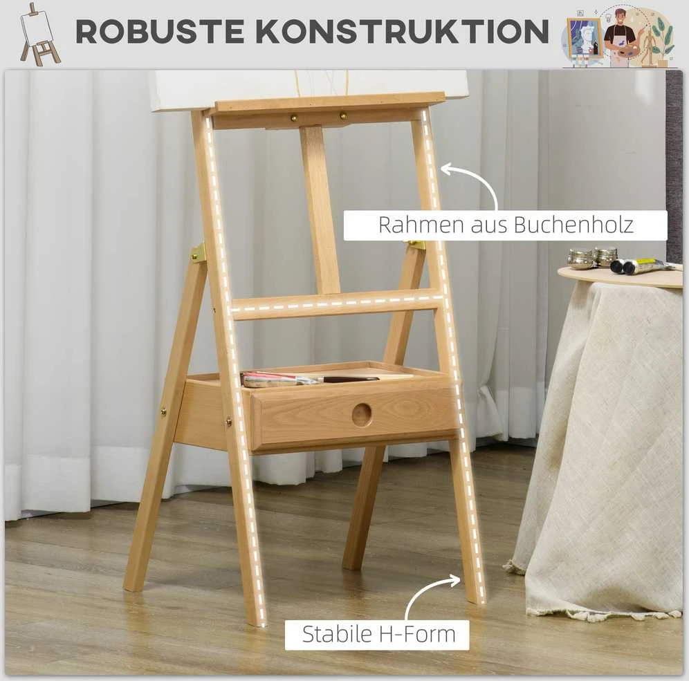 Vinsetto tapybos stovas, sulankstomas medinis stovas, reguliuojamo aukščio studijos stovas su laikikliu, drobėms iki 92 cm aukščio