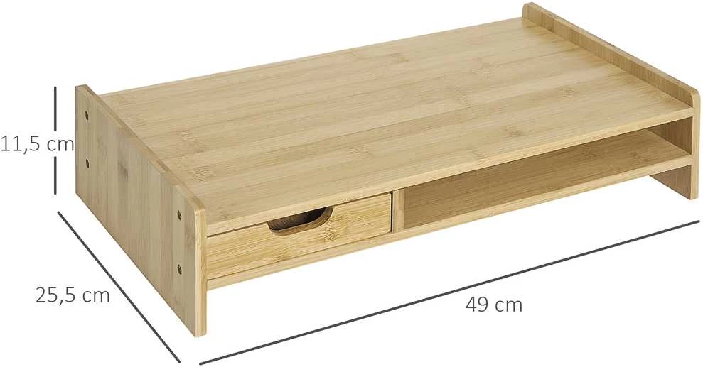 HOMCOM monitoriaus stovas, ekrano stovas, rašomojo stalo organizatorius, su stalčiais, natūrali spalva, 49x25,5x11,5 cm