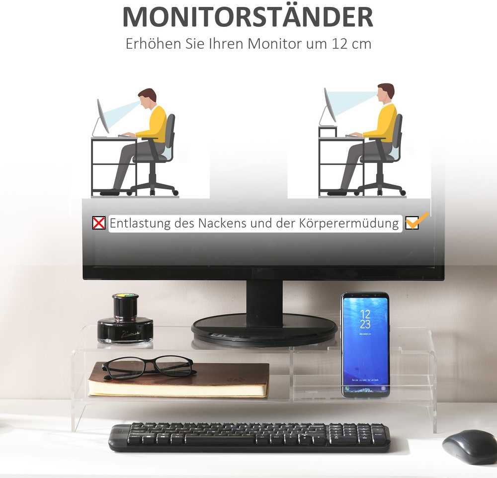 HOMCOM monitoriaus stovas, ekrano paaukštinimas su dėtuve, monitoriams iki 24 colių, kompiuteriams, nešiojamiesiems kompiuteriams iki 5kg, akrilinis, 50,8x19x12 cm