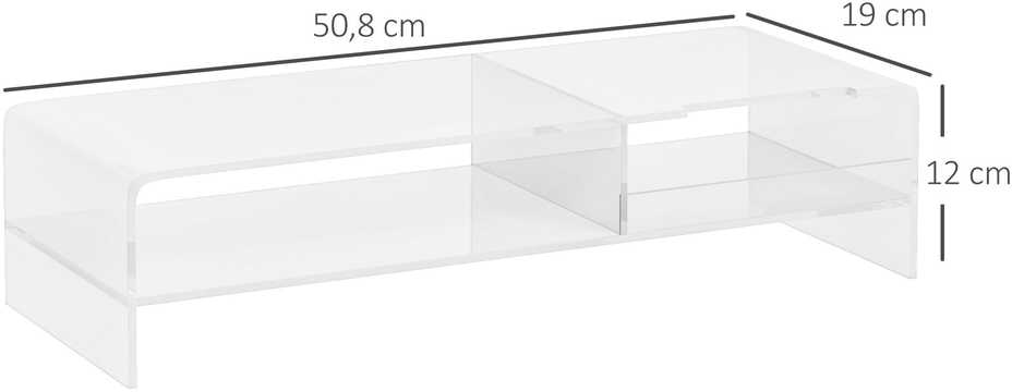 HOMCOM monitoriaus stovas, ekrano paaukštinimas su dėtuve, monitoriams iki 24 colių, kompiuteriams, nešiojamiesiems kompiuteriams iki 5kg, akrilinis, 50,8x19x12 cm