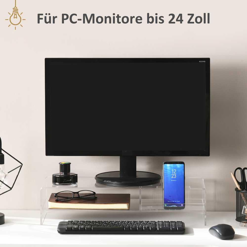 HOMCOM monitoriaus stovas, ekrano paaukštinimas su dėtuve, monitoriams iki 24 colių, kompiuteriams, nešiojamiesiems kompiuteriams iki 5kg, akrilinis, 50,8x19x12 cm