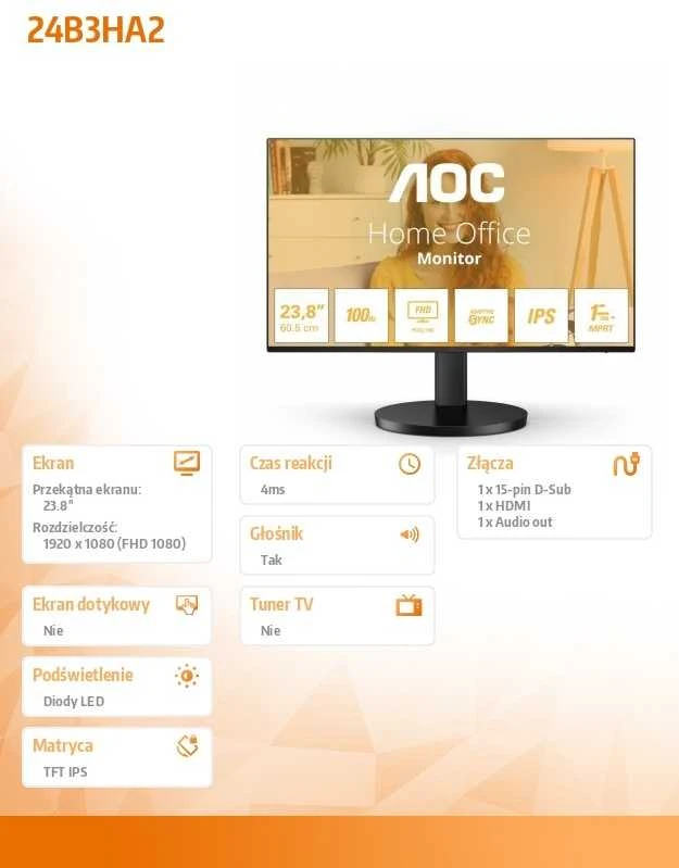 Monitorius AOC 24B3HA2, 23.8", IPS, 1920 x 1080, 100Hz, 1 ms