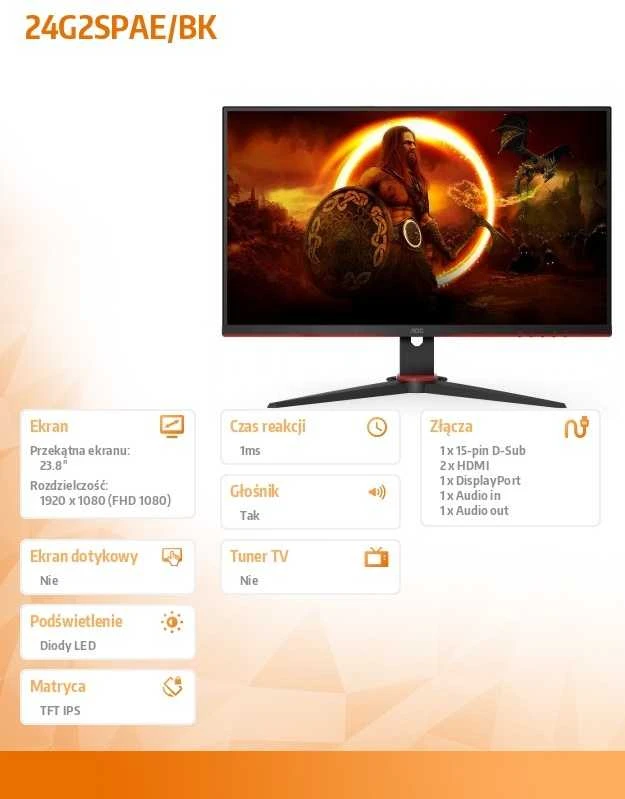 Monitorius AOC 24G2SPAE/BK, 23.8", IPS, FHD (1920x1080), 165 Hz, 1 ms, Freesync Premium, Juodos spalvos