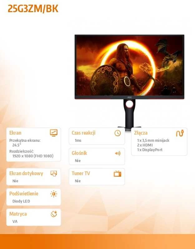 Monitorius AOC Gaming 25G3ZM/BK, 24.5 ", VA, FHD, 1920 x 1080, 16:9, 1 ms, 300 cd/m², 240 Hz