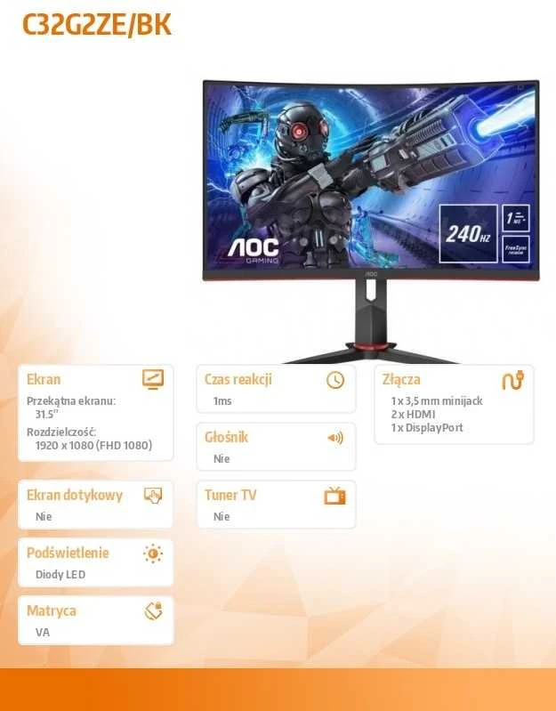 Monitorius AOC C32G2ZE, 31.5", VA, 1920x1080, 16:9, 240 Hz, 1 ms, 300 cd/m²