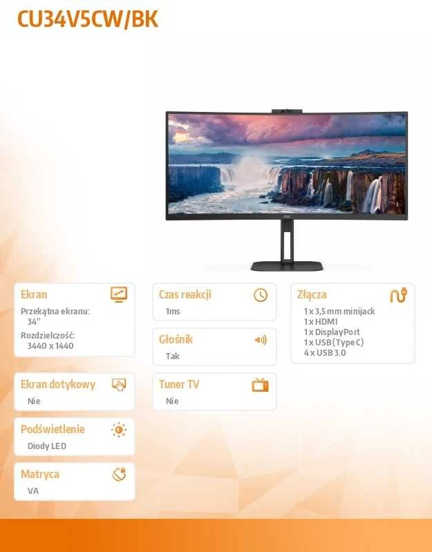 Monitorius AOC CU34V5CW 34 colių UWQHD VA CURVED TURI WEBCAM DP/HDMI/USB-C PD 65W
