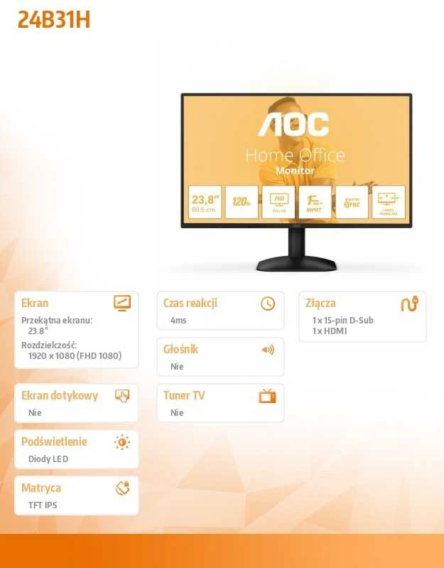 AOC 24B31H 23,8 colio IPS FHD 120 Hz 300 cd/m2 1 ms VGA HDMI