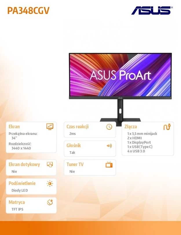 Monitorius ASUS ProArt PA348CGV, 34", IPS, 21:9, Ultrawide, 3440x1440, 120Hz