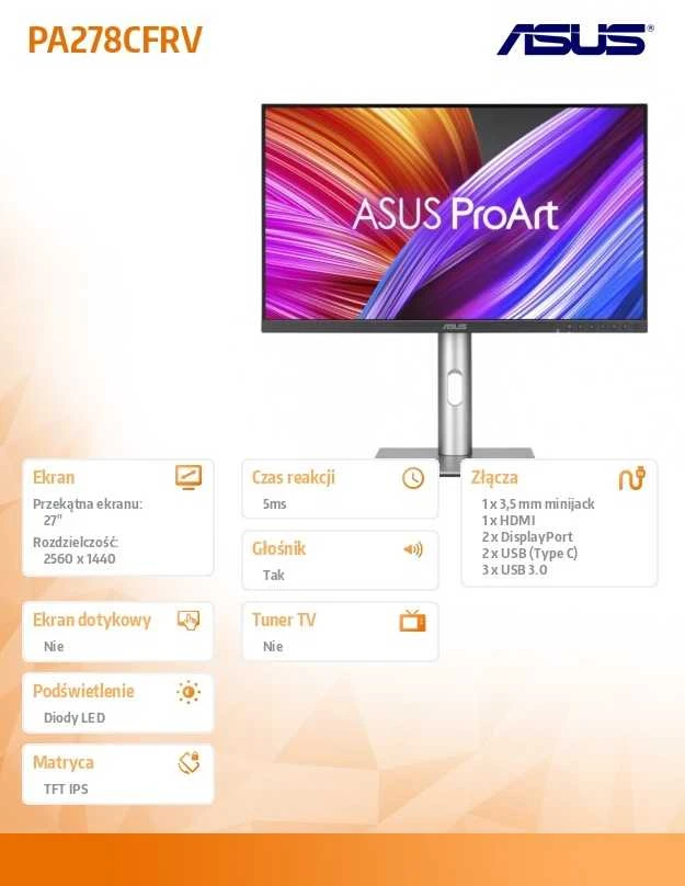 Monitorius ASUS ProArt PA278CFRV, 27", 2560x1440, 100Hz, IPS, 5ms