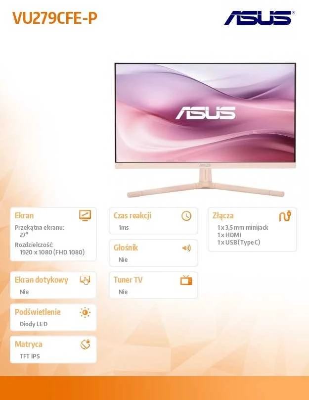 ASUS VU279CFE-P Eye Care Monitorius 27 colių IPS FHD WLED 16:9 100Hz 250cd/m2 1ms HDMI USB-C