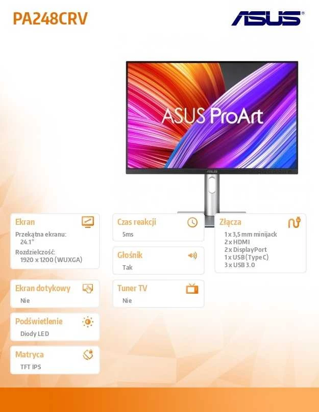 Monitorius ASUS ProArt PA248CRV, 24.1", IPS, 16:10, 75Hz, 1920 x 1200, 5ms