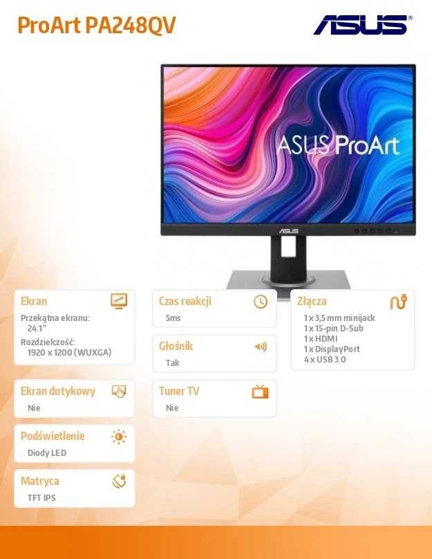 Monitorius ASUS ProArt PA248QV, 24.1", IPS, 1920 x 1200, 75 Hz, 5 ms