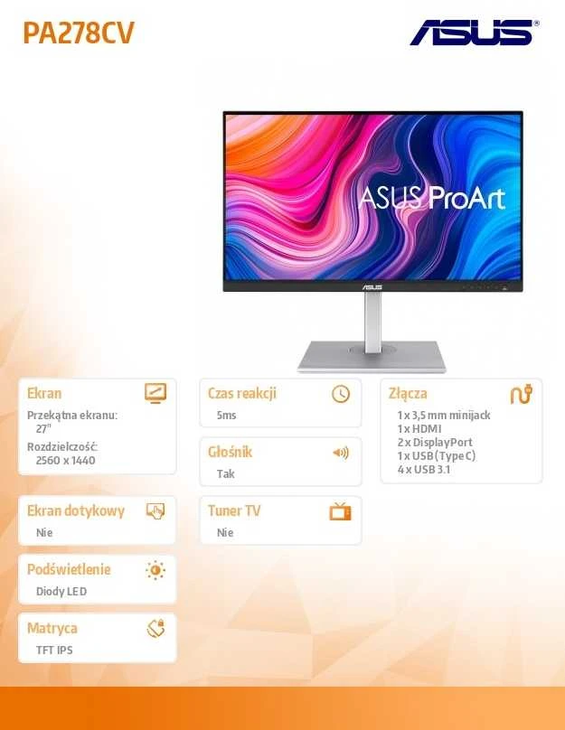 Monitorius ASUS ProArt PA278CV, 27", IPS, WQHD (2560x1440), 16:9, 1000:1, 350 cd/m²