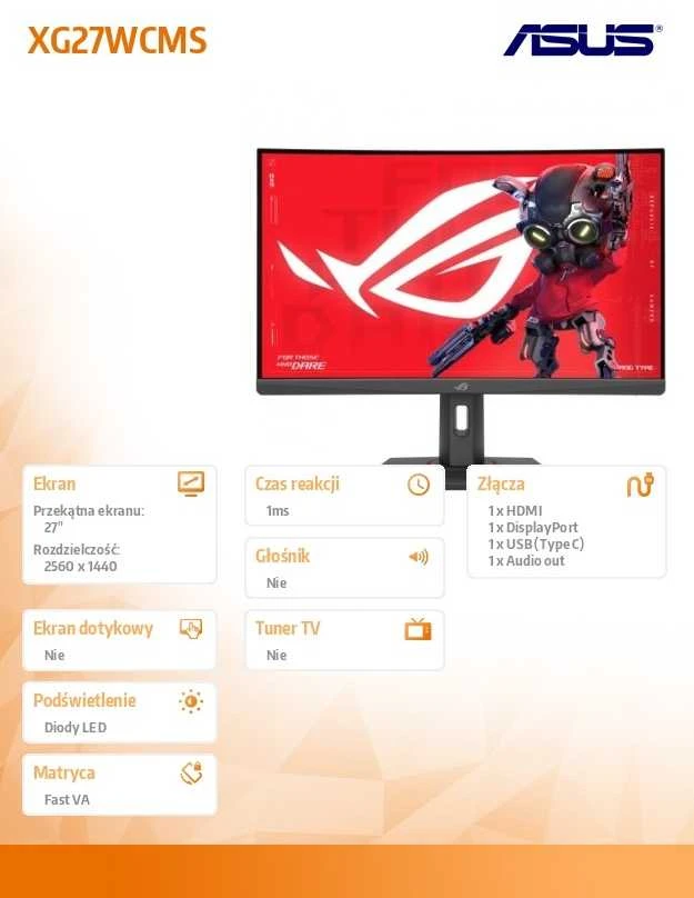 Monitorius ASUS ROG Strix XG27WCMS, 27", 2560 x 1440, 280 Hz, 1 ms