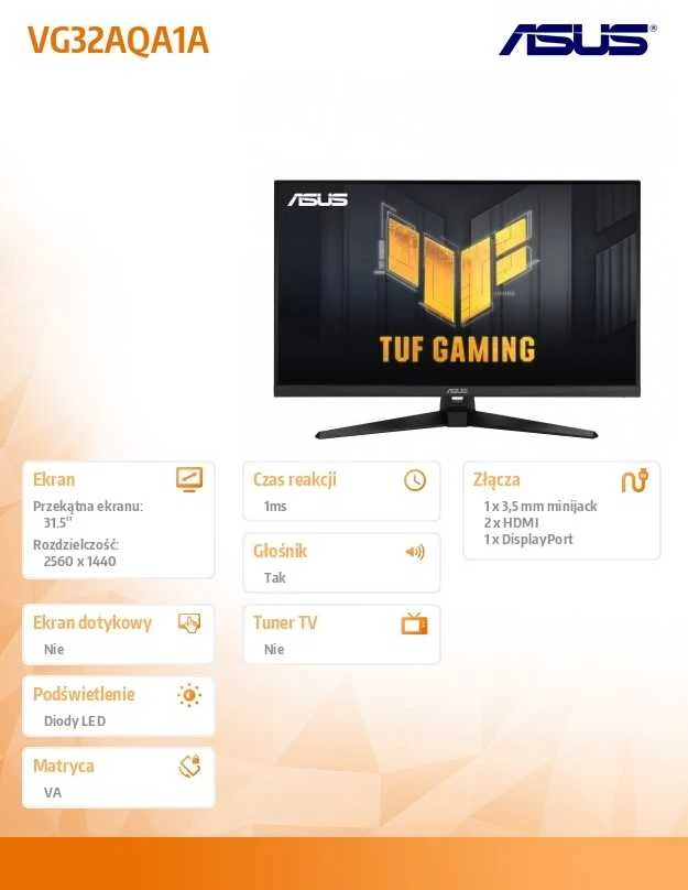 Monitorius Asus VG32AQA1A 31.5" / VA / 2560x1440 / 170Hz / 1ms