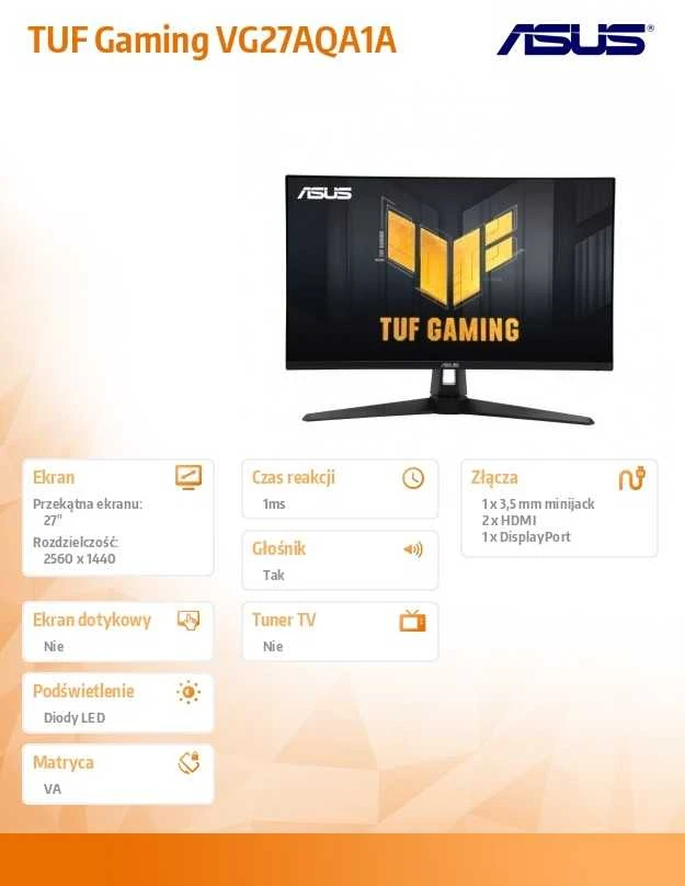 Monitorius ASUS TUF Gaming VG27AQA1A, 27", 2560x1440, 170Hz, VA, 1ms