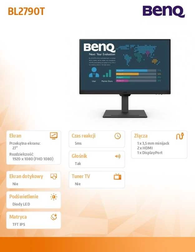 Monitorius Benq BL2790T | 27 " | IPS | 16:9 | 100 Hz | 5 ms | 1920 x 1080 pikselių | 250 cd/m² | HDMI jungtys quantity 2 | Garantija 36 mėn.
