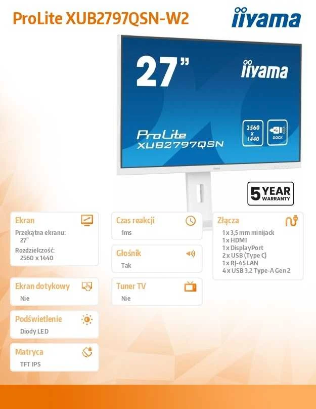 Monitorius IIYAMA XUB2797QSN-W2 27 colių IPS 2560x1440 300cd/m2 1ms HDMI DP USB