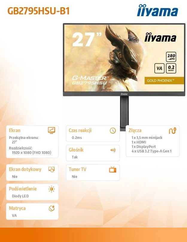 Monitorius iiyama G-Master GB2795HSU-B1 Gold Phoenix - 280Hz | Full HD | 27'' | VA | 0.2ms